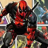 Deadpool w akcji, otoczony panelami z innymi superbohaterami i scenami z komiksów.