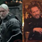 Dwóch mężczyzn z rodu Targaryenów: jeden w zbroi, drugi siedzi na tronie.