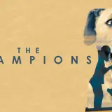 Plakat filmu "The Champions" z pyskami pitbulli i sylwetką człowieka z psem.