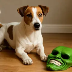 Pies rasy Jack Russell Terrier leży obok zielonej maski z filmu "Maska".