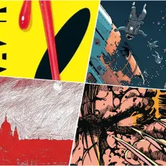 Komiksowe obrazy: żółte tło z czerwonymi kroplami, astronauci spadający w kosmos, czerwona panorama miasta i zbliżenie na postać z pazurami. Wizualna dystopia.
