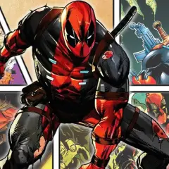 Deadpool w akcji, otoczony panelami z innymi superbohaterami i scenami z komiksów.