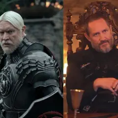 Dwóch mężczyzn z rodu Targaryenów: jeden w zbroi, drugi siedzi na tronie.