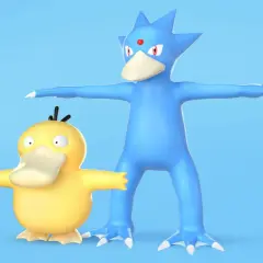 Żółty Psyduck i niebieski Golduck stoją na tle błękitnego nieba.