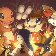 Uroczy Charmander i przyjaciele pieką pianki przy ognisku.