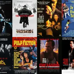 Kolaż plakatów filmowych z Samuel L. Jacksonem: "Unbreakable", "The Hateful Eight", "Eve's Bayou", "Do the Right Thing", "Jackie Brown", "Pulp Fiction", "Die Hard with a Vengeance", "A Time to Kill".