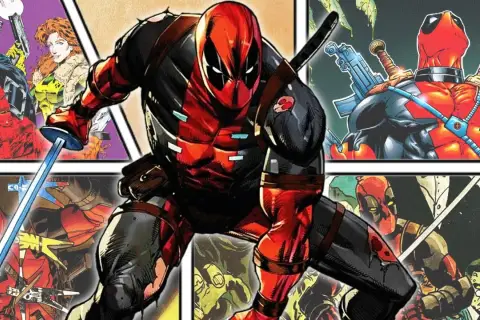 Deadpool w akcji, otoczony panelami z innymi superbohaterami i scenami z komiksów.