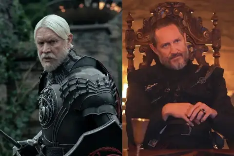 Dwóch mężczyzn z rodu Targaryenów: jeden w zbroi, drugi siedzi na tronie.