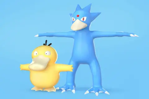 Żółty Psyduck i niebieski Golduck stoją na tle błękitnego nieba.