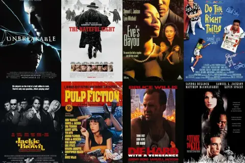 Kolaż plakatów filmowych z Samuel L. Jacksonem: "Unbreakable", "The Hateful Eight", "Eve's Bayou", "Do the Right Thing", "Jackie Brown", "Pulp Fiction", "Die Hard with a Vengeance", "A Time to Kill".