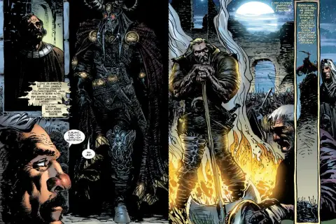 Mroczny wojownik z rogami, przypominający spawn, stoi obok płonącego ogniska. W tle widać księżyc i armię.