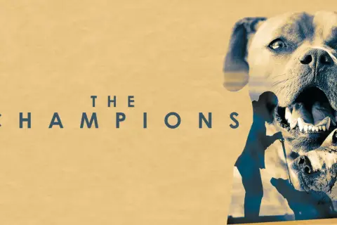 Plakat filmu "The Champions" z pyskami pitbulli i sylwetką człowieka z psem.