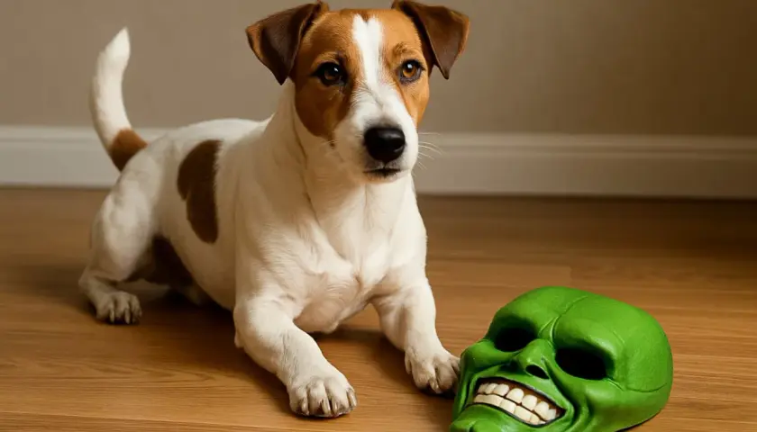 Pies rasy Jack Russell Terrier leży obok zielonej maski z filmu "Maska".