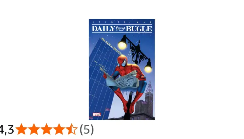 Spider-Man czyta gazetę Daily Bugle, siedząc na latarni. Na okładce gazety widnieje zdjęcie J. Jonaha Jamesona.