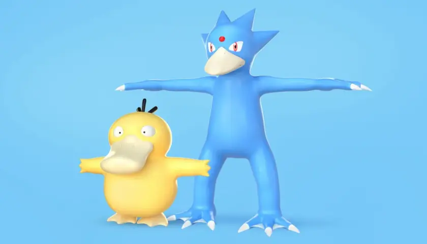 Żółty Psyduck i niebieski Golduck stoją na tle błękitnego nieba.