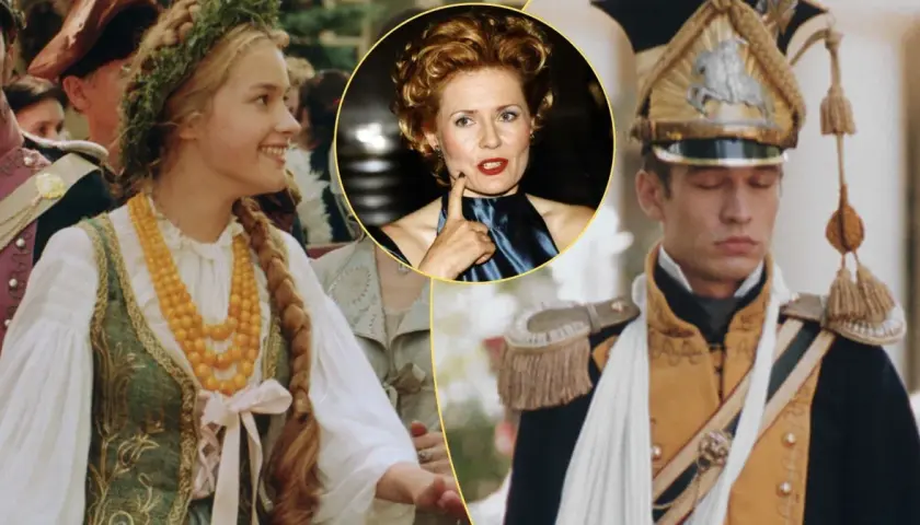 Młoda dziewczyna w wianku i żołnierz w mundurze z epoki, przypominający scenę z filmu "Pan Tadeusz". W tle kobieta w okręgu.