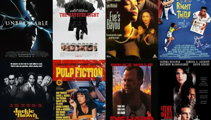 Kolaż plakatów filmowych z Samuel L. Jacksonem: "Unbreakable", "The Hateful Eight", "Eve's Bayou", "Do the Right Thing", "Jackie Brown", "Pulp Fiction", "Die Hard with a Vengeance", "A Time to Kill".