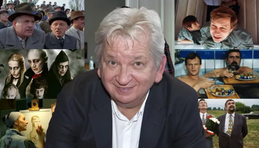 Kolaż scen z filmów Juliusza Machulskiego: od wampirów po kosmiczne przygody.