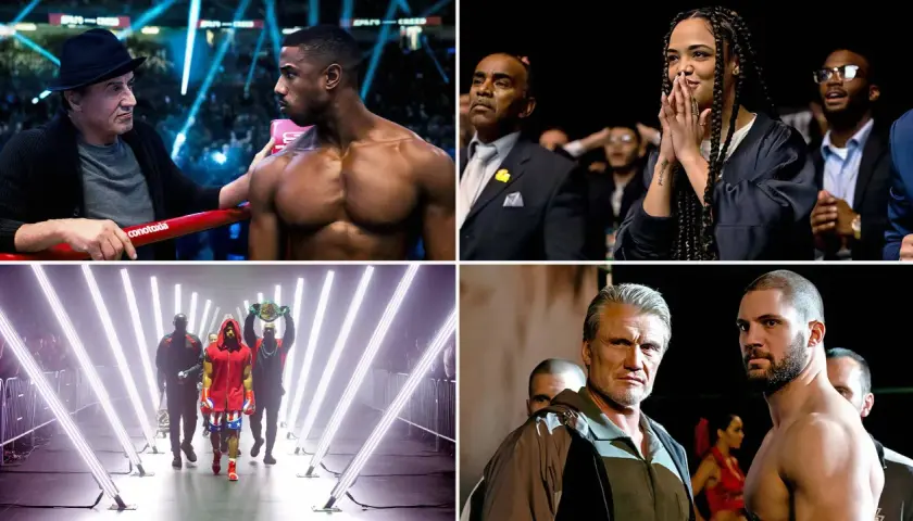 Sylvester Stallone i Michael B. Jordan w scenach z filmu Creed. Bokserzy, trenerzy i widzowie w emocjonujących momentach.