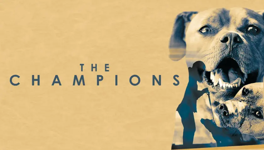 Plakat filmu "The Champions" z pyskami pitbulli i sylwetką człowieka z psem.