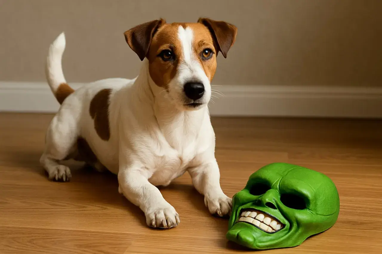 Pies rasy Jack Russell Terrier leży obok zielonej maski z filmu "Maska".