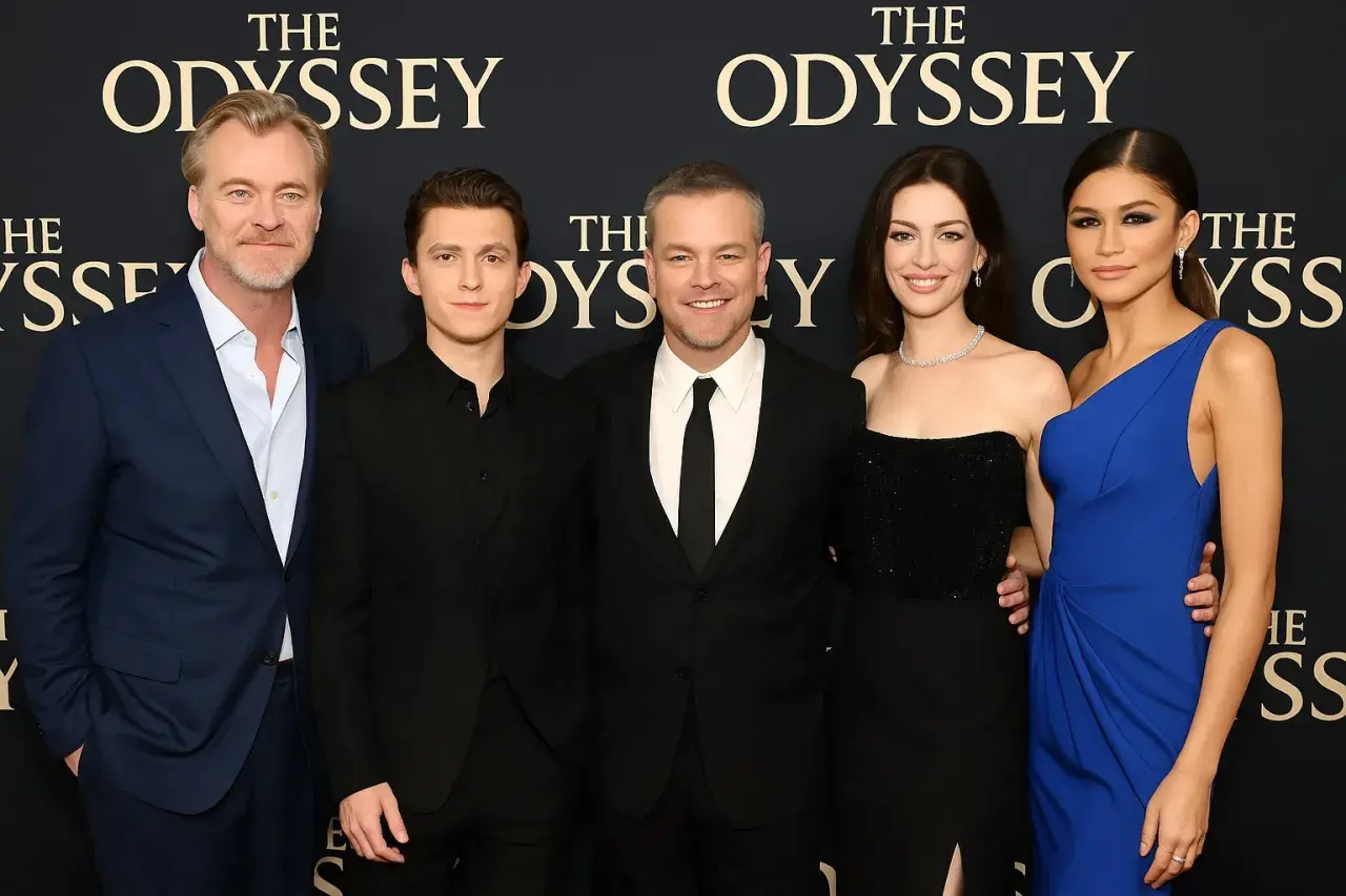 Gwiazdy filmu "The Odyssey" - Christopher Nolan, Tom Holland, Matt Damon, Anne Hathaway i Zendaya - pozują do zdjęcia.