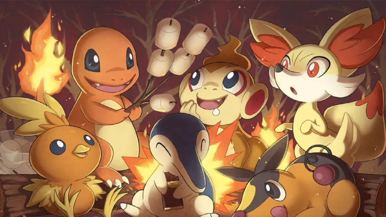 Uroczy Charmander i przyjaciele pieką pianki przy ognisku.