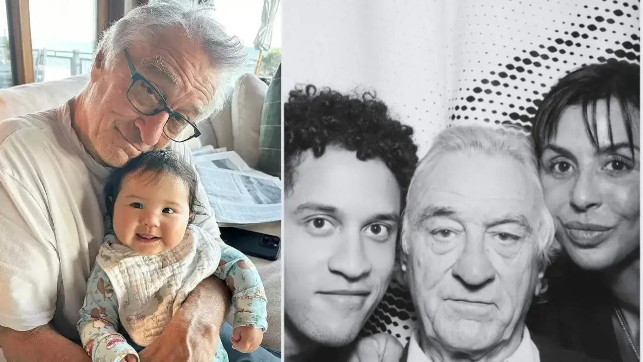 Robert De Niro z wnuczką i innymi dziećmi. Uśmiechnięta rodzina na zdjęciach.