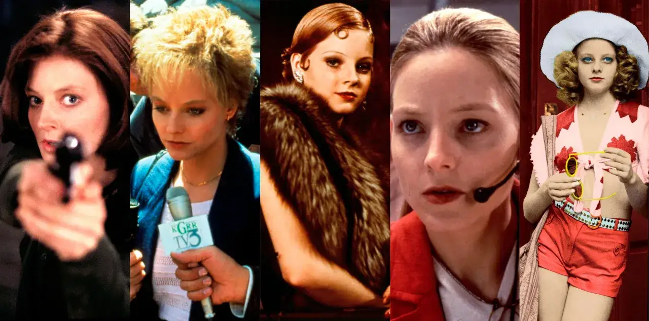 Jodie Foster w różnych rolach filmowych: z pistoletem, z mikrofonem, w futrze, z zestawem słuchawkowym i w letniej stylizacji.
