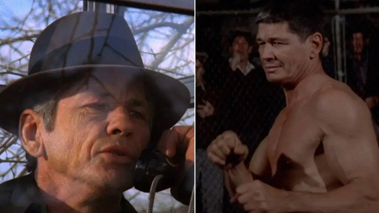 Charles Bronson w kapeluszu rozmawia przez telefon i bez koszulki w ringu. Klasyczne sceny z filmów Charlesa Bronsona.