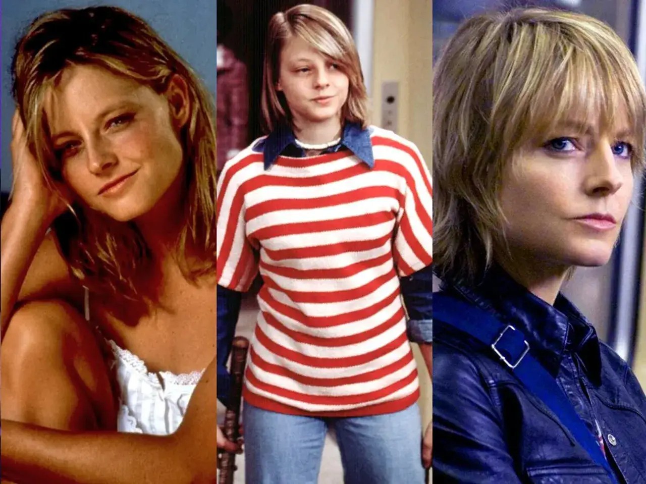 Trzy ujęcia Jodie Foster z jej filmów: młoda w pasiastej bluzce, zmysłowa w bieliźnie i w skórzanej kurtce.