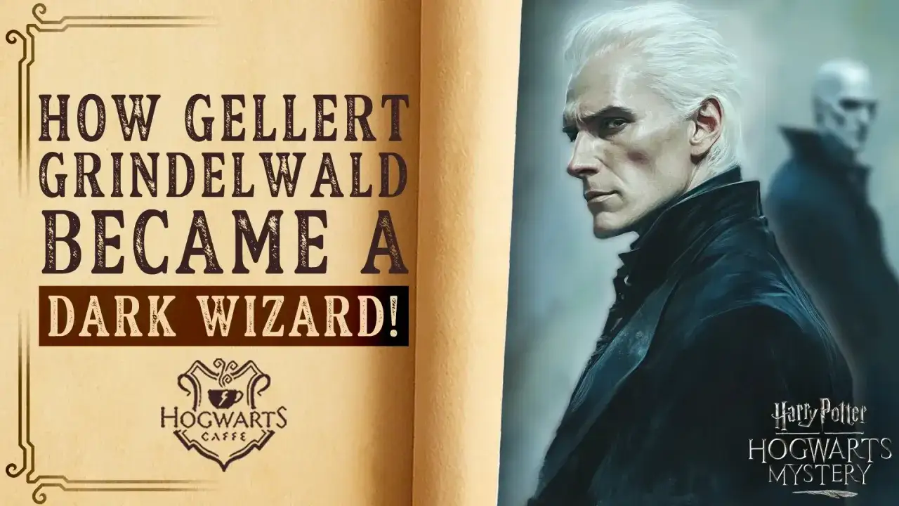 Gellert Grindelwald, złowrogi czarodziej, w mrocznym płaszczu. Obok tekst:
